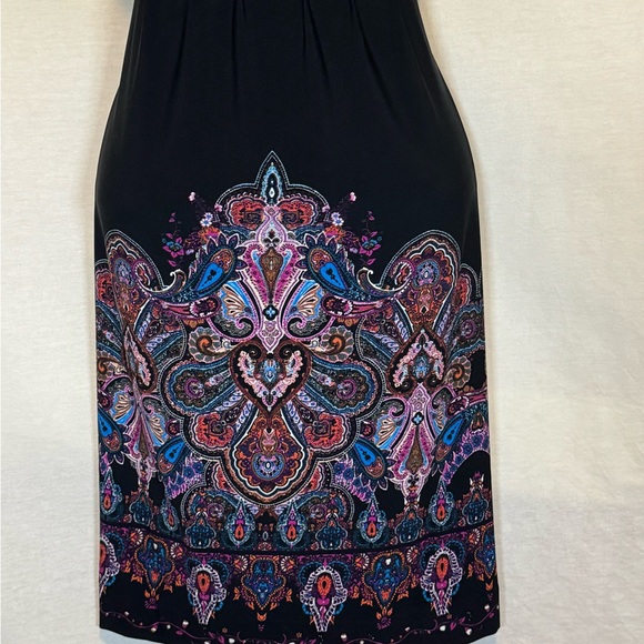 F-104 Ice Black & Colorful Print Pleated Short Sleeve MIDI Dress Size 10 - Picture 2 of 12